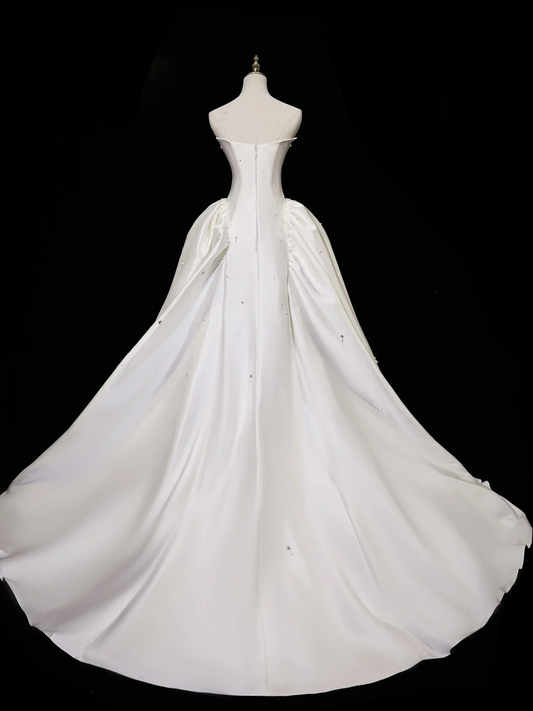 Princess Ball Gown Strapless Sleeveless Satin Fitted Corset Long Wedding Dress Bride Gowns White Wedding Dresses RB1945