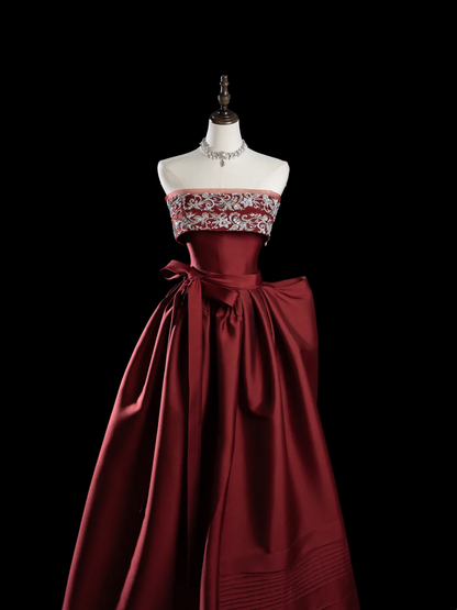 Classy Ball Gown Strapless Burgundy Satin Prom Dresses Formal Dress 20th Birthday Outfits Prom Gown RB1949
