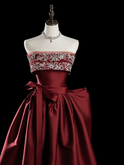 Classy Ball Gown Strapless Burgundy Satin Prom Dresses Formal Dress 20th Birthday Outfits Prom Gown RB1949