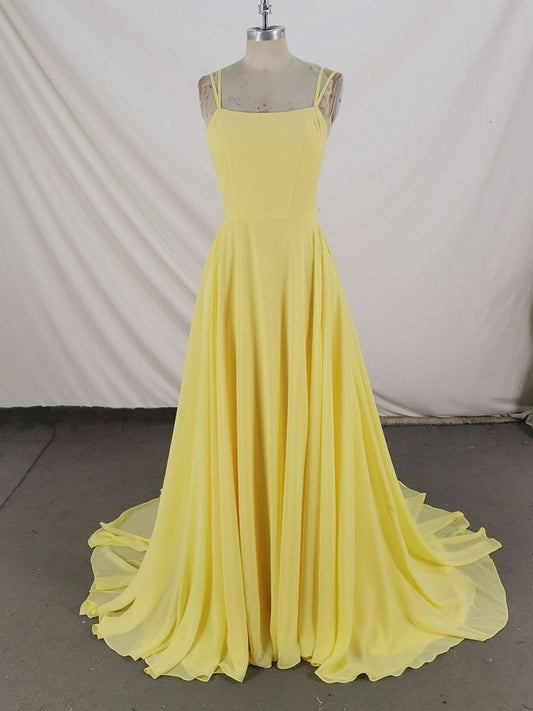 Simple A Line Spaghetti Straps Yellow Chiffon Long Prom Dresses Formal Dress 18th Birthday Outfits Prom Gown RB1950