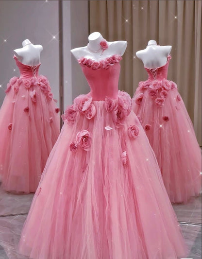 Classy Ball Gown Strapless Hot Pink Tulle Prom Dresses Formal Dress 20th Birthday Outfits Prom Gown RB1951