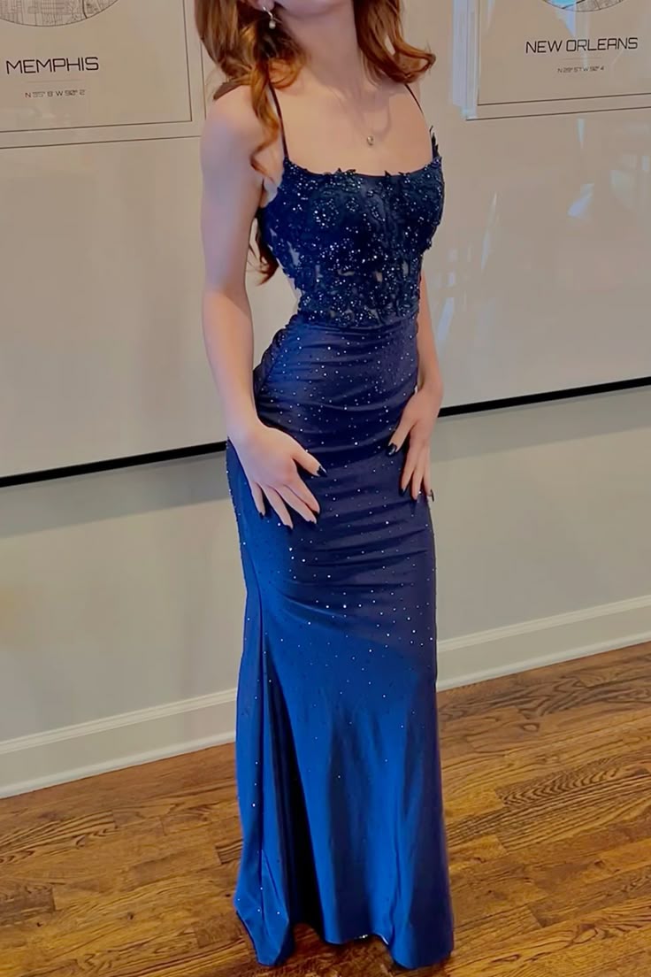 Charming Mermaid Spaghetti Straps Navy Blue Satin Long Prom Dresses Formal Dress 19th Birthday Outfits Prom Gown RB1954