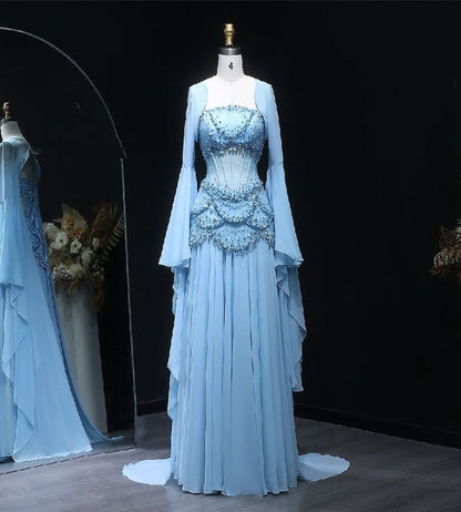 Classy A Line Strapless Blue Chiffon Beaded Prom Dresses Formal Dress 20th Birthday Outfits Prom Gown RB1966