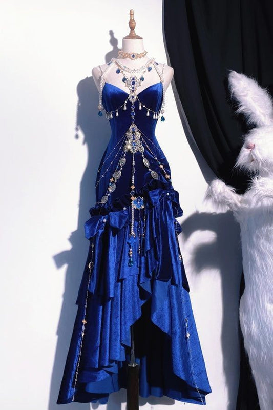 Elegant Mermaid Spaghetti Straps Royal Blue Velvet Long Prom Dresses Formal Dress Party Outfits Prom Gown RB1967