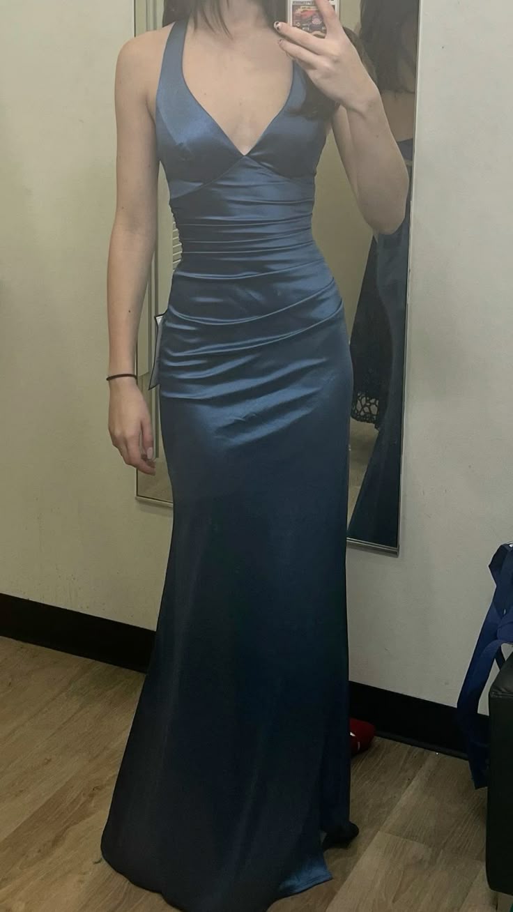 Sexy Mermaid V Neckline Navy Blue Satin Pleated Long Prom Dresses Inspo Prom Gown RB1968