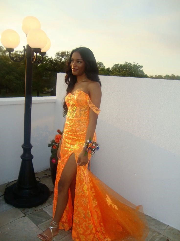 Sexy Mermaid Off The Shoulder Sequin Split Prom Dresses Formal Dress 18th Birthday Outfits Prom Gown RA080