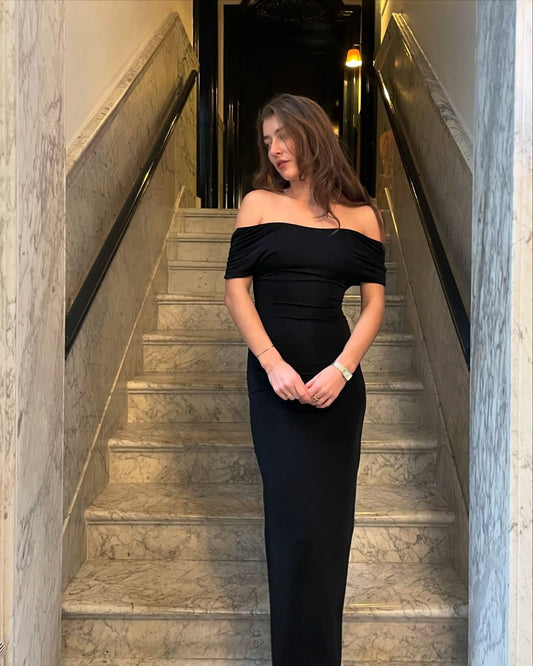 Pretty Mermaid Off The Shoulder Black Pleated Prom Dresses Formal Dress Party Outfits Prom Gown RB1986