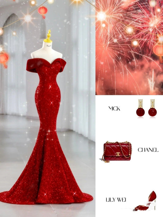 Shiny Mermaid Off The Shoulder Red Pleated Prom Dresses Formal Dress Party Outfits Prom Gown RB1992