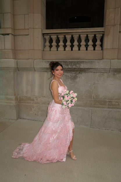 Beautiful Ball Gown Sweetheart Pink Lace Slit Prom Dresses Inspiration Prom Gown Princess Senior Graduation Dress RB1996