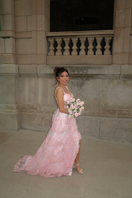 Beautiful Ball Gown Sweetheart Pink Lace Slit Prom Dresses Inspiration Prom Gown Princess Senior Graduation Dress RB1996