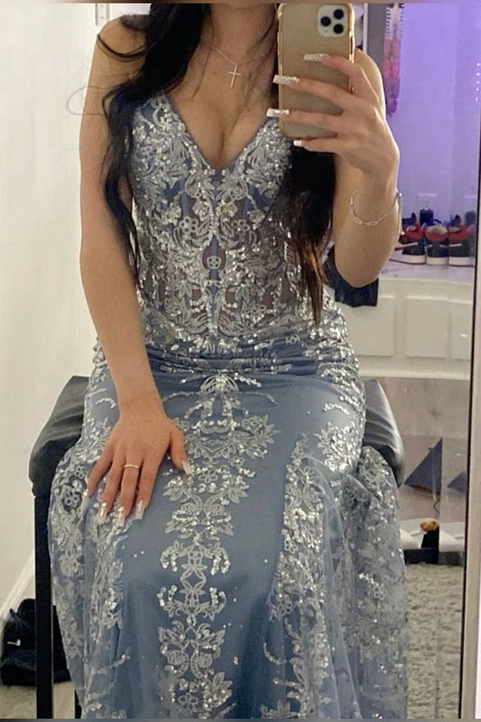 Sexy Mermaid Spaghetti Straps Silver Gray Sequin Long Prom Dresses Inspiration Formal Gown RB1997