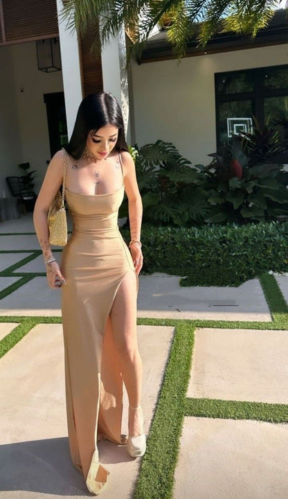Sexy Mermaid Spaghetti Straps Gold Slit Long Prom Dresses Inspiration Formal Gown RB2001