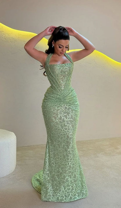 Shinning Mermaid Halter Sequin Mint Green Prom Dresses For Teens Formal Dress Party Outfits Prom Gown RB2004