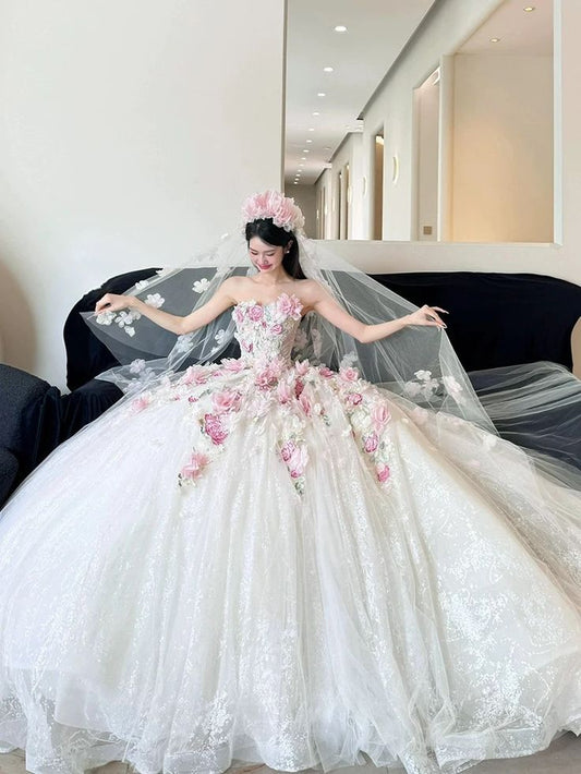 Cute Ball Gown Sweetheart Tulle White Lace Flowers Long Quinceanera Dress Sweet 15 16 Dresses RB2016