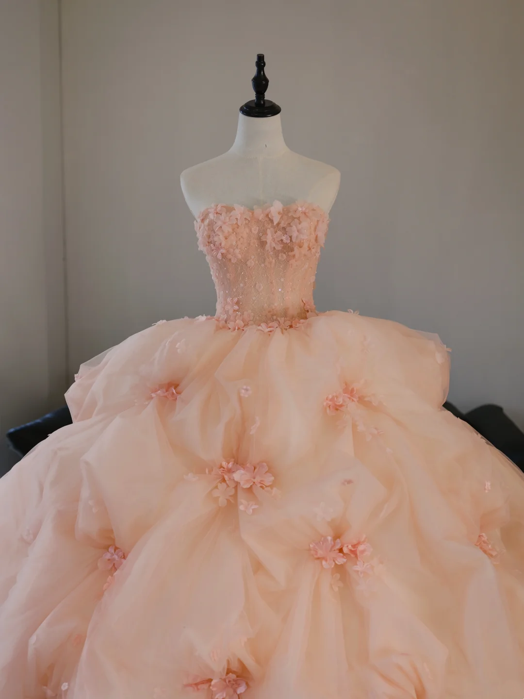 Cute Ball Gown Strapless Blush Pink Tulle Flowers Long Prom Dress Sweet 15 16 Dresses AB595