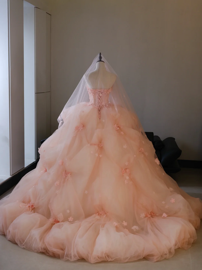 Cute Ball Gown Strapless Blush Pink Tulle Flowers Long Prom Dress Sweet 15 16 Dresses AB595