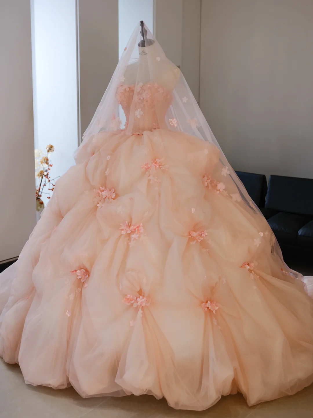 Cute Ball Gown Strapless Blush Pink Tulle Flowers Long Prom Dress Sweet 15 16 Dresses AB595
