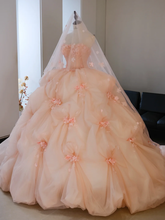 Cute Ball Gown Strapless Blush Pink Tulle Flowers Long Prom Dress Sweet 15 16 Dresses AB595