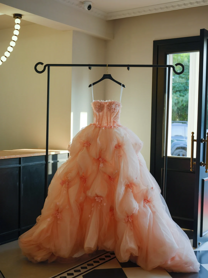 Cute Ball Gown Strapless Blush Pink Tulle Flowers Long Prom Dress Sweet 15 16 Dresses AB595