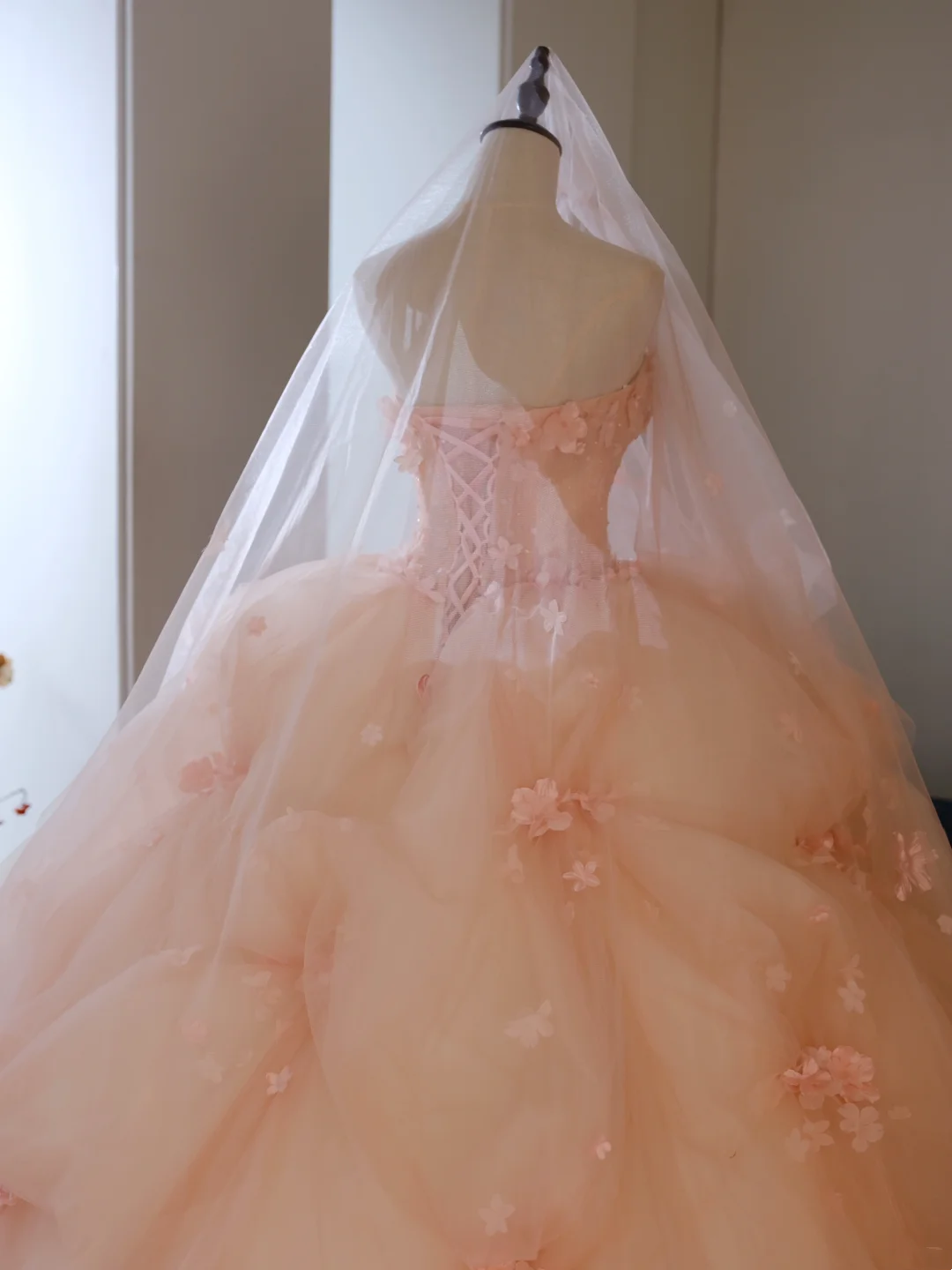 Cute Ball Gown Strapless Blush Pink Tulle Flowers Long Prom Dress Sweet 15 16 Dresses AB595