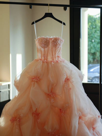 Cute Ball Gown Strapless Blush Pink Tulle Flowers Long Prom Dress Sweet 15 16 Dresses AB595
