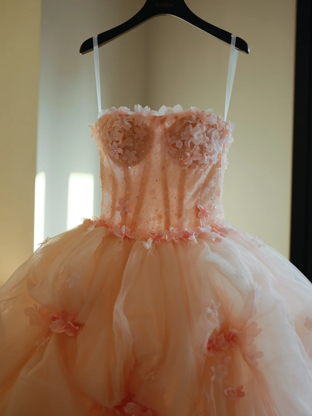 Cute Ball Gown Strapless Blush Pink Tulle Flowers Long Prom Dress Sweet 15 16 Dresses AB595