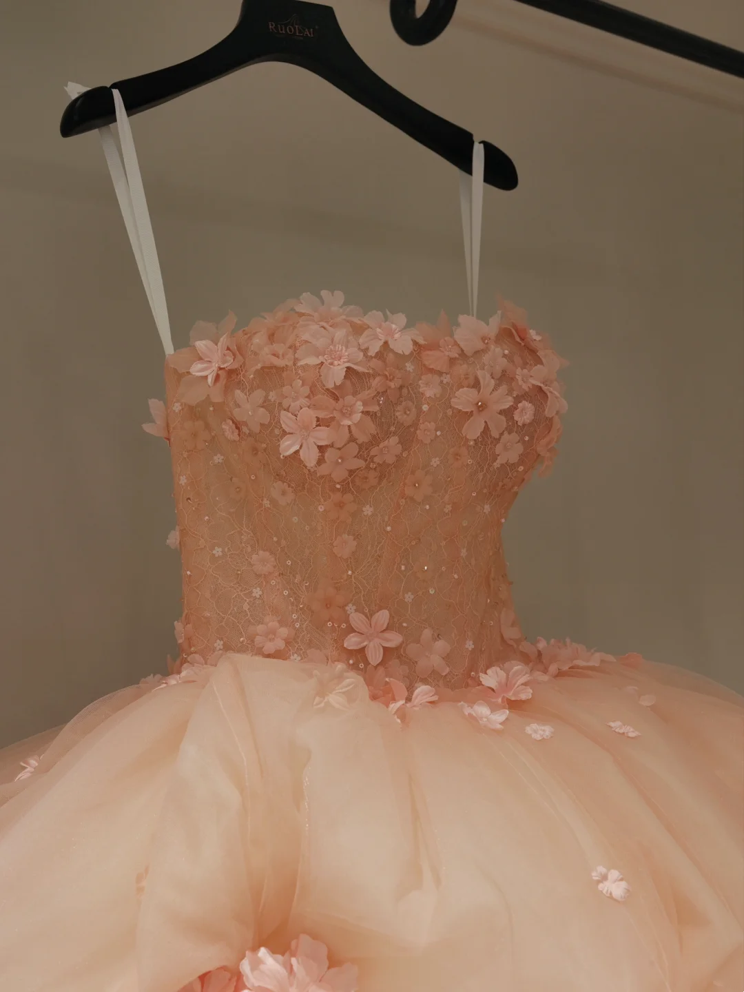 Cute Ball Gown Strapless Blush Pink Tulle Flowers Long Prom Dress Sweet 15 16 Dresses AB595