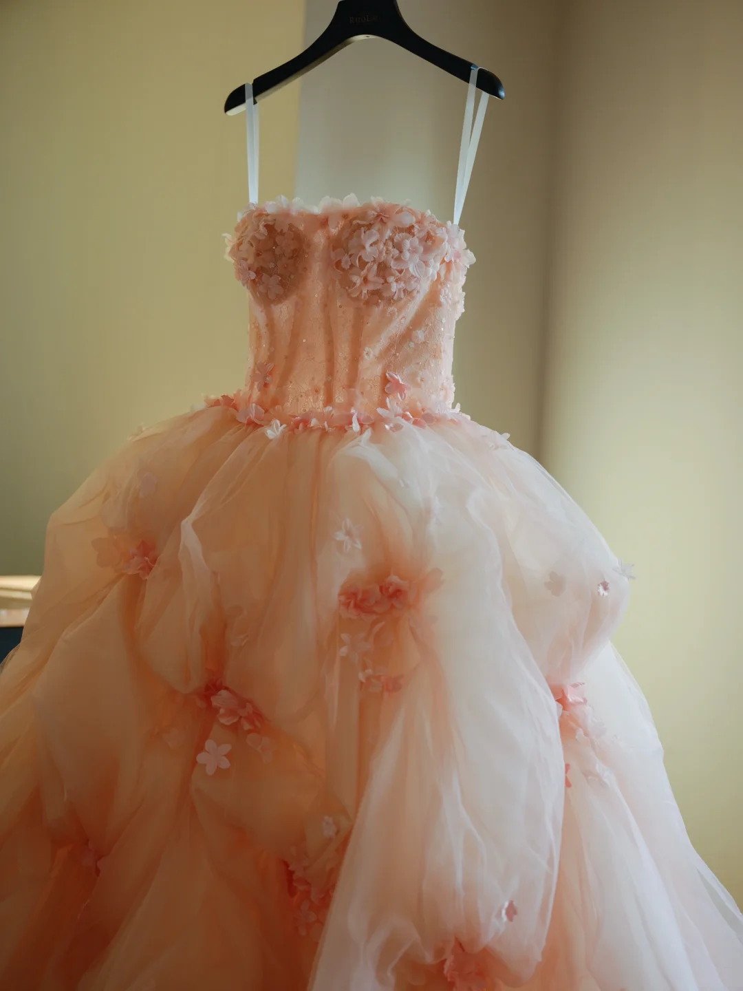 Cute Ball Gown Strapless Blush Pink Tulle Flowers Long Prom Dress Sweet 15 16 Dresses AB595