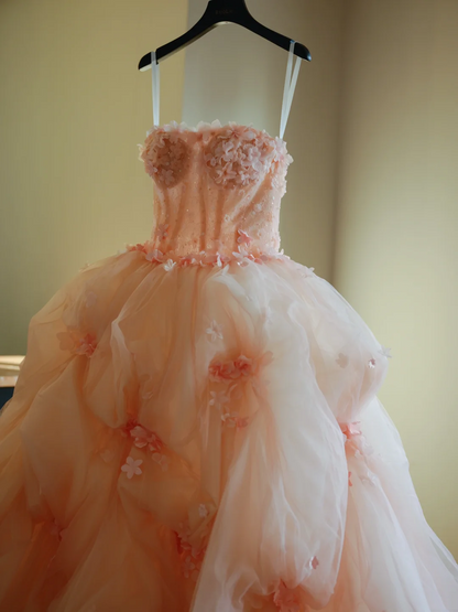 Cute Ball Gown Strapless Blush Pink Tulle Flowers Long Prom Dress Sweet 15 16 Dresses AB595