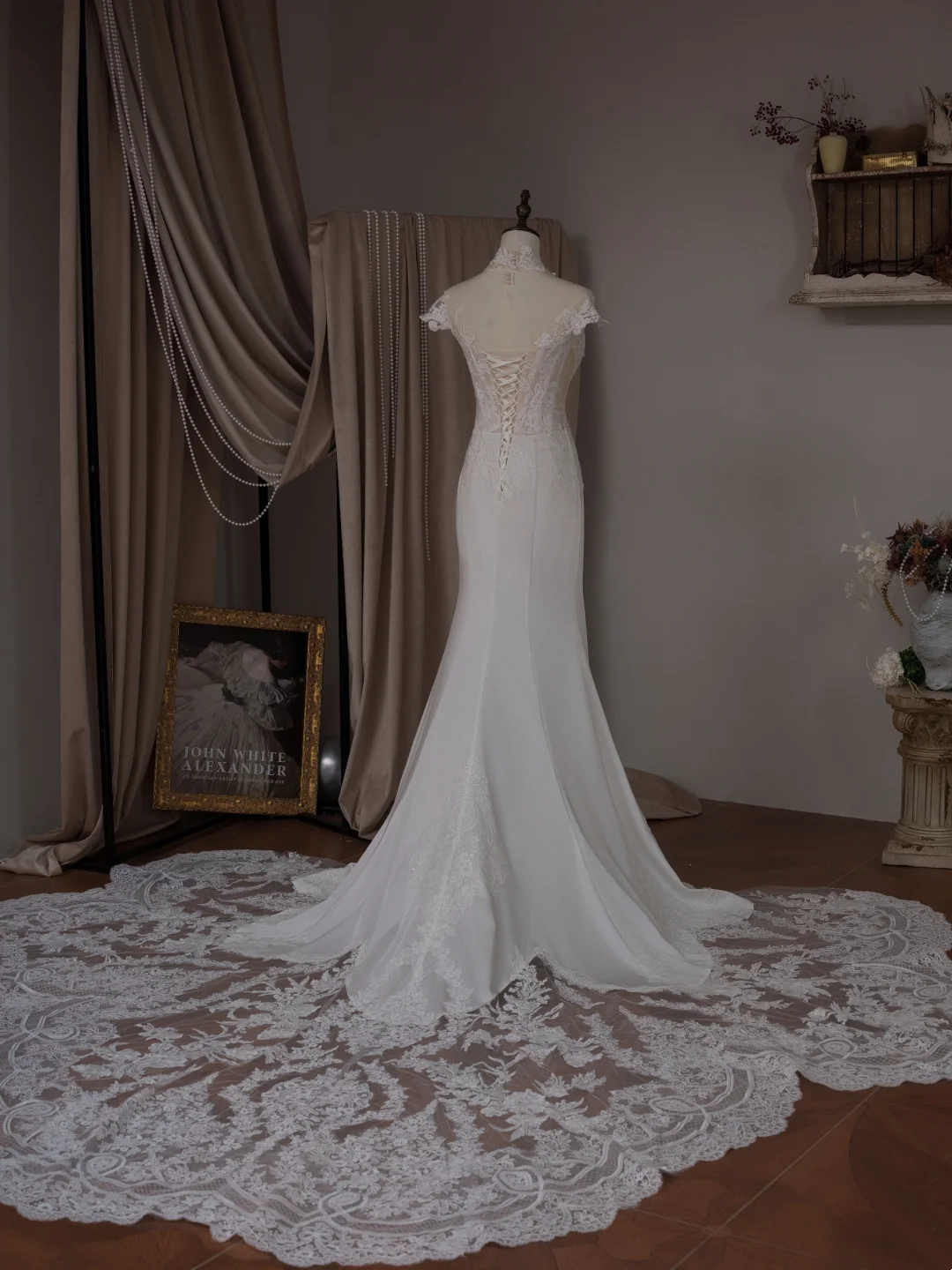 Princess Mermaid High Neck Long Sleeve Lace Fitted Corset Long Wedding Dress Bride Gowns White Wedding Dresses RB2023