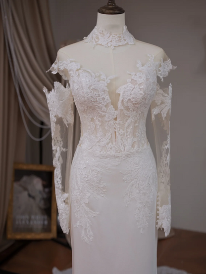 Princess Mermaid High Neck Long Sleeve Lace Fitted Corset Long Wedding Dress Bride Gowns White Wedding Dresses RB2023