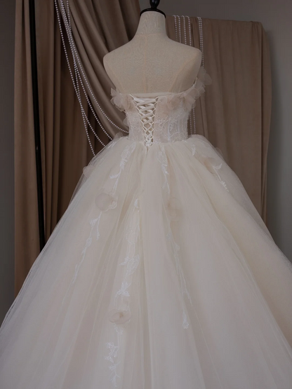 Princess Ball Gown Strapless Sleeveless Lace Fitted Corset Tulle Wedding Dress Bride Gowns White Wedding Dresses RB2024