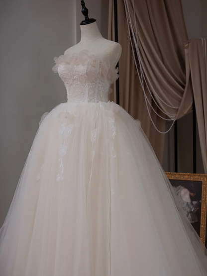 Princess Ball Gown Strapless Sleeveless Lace Fitted Corset Tulle Wedding Dress Bride Gowns White Wedding Dresses RB2024