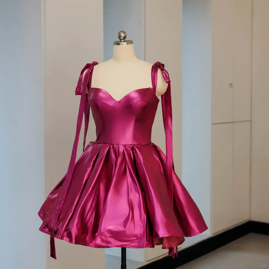 Simple Ball Gown Spaghetti Straps Satin Hot Pink Short 16th Birthday Dress Homecoming Dresses Cocktail Gown RB2028