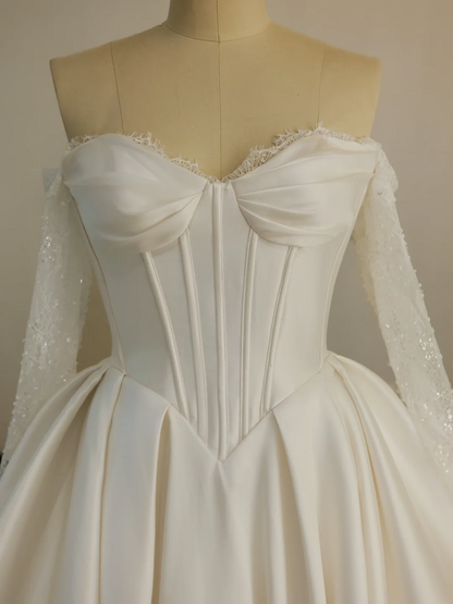Princess Ball Gown Sweetheart Sleeveless Satin Fitted Corset Long Wedding Dress Bride Gowns White Wedding Dresses RB2030