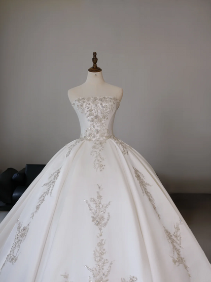 Princess Ball Gown Strapless Sleeveless Satin Fitted Corset Long Wedding Dress Bride Gowns Lace Wedding Dresses RB2031