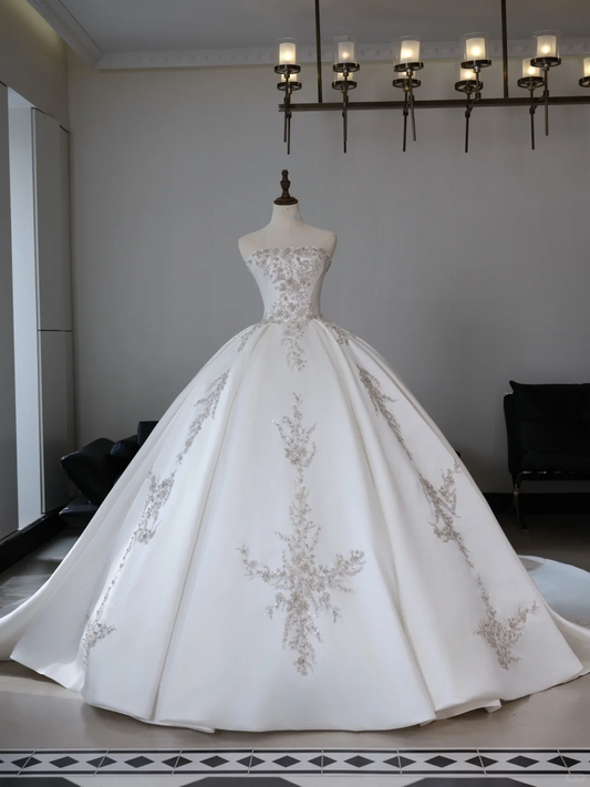 Princess Ball Gown Strapless Sleeveless Satin Fitted Corset Long Wedding Dress Bride Gowns Lace Wedding Dresses RB2031
