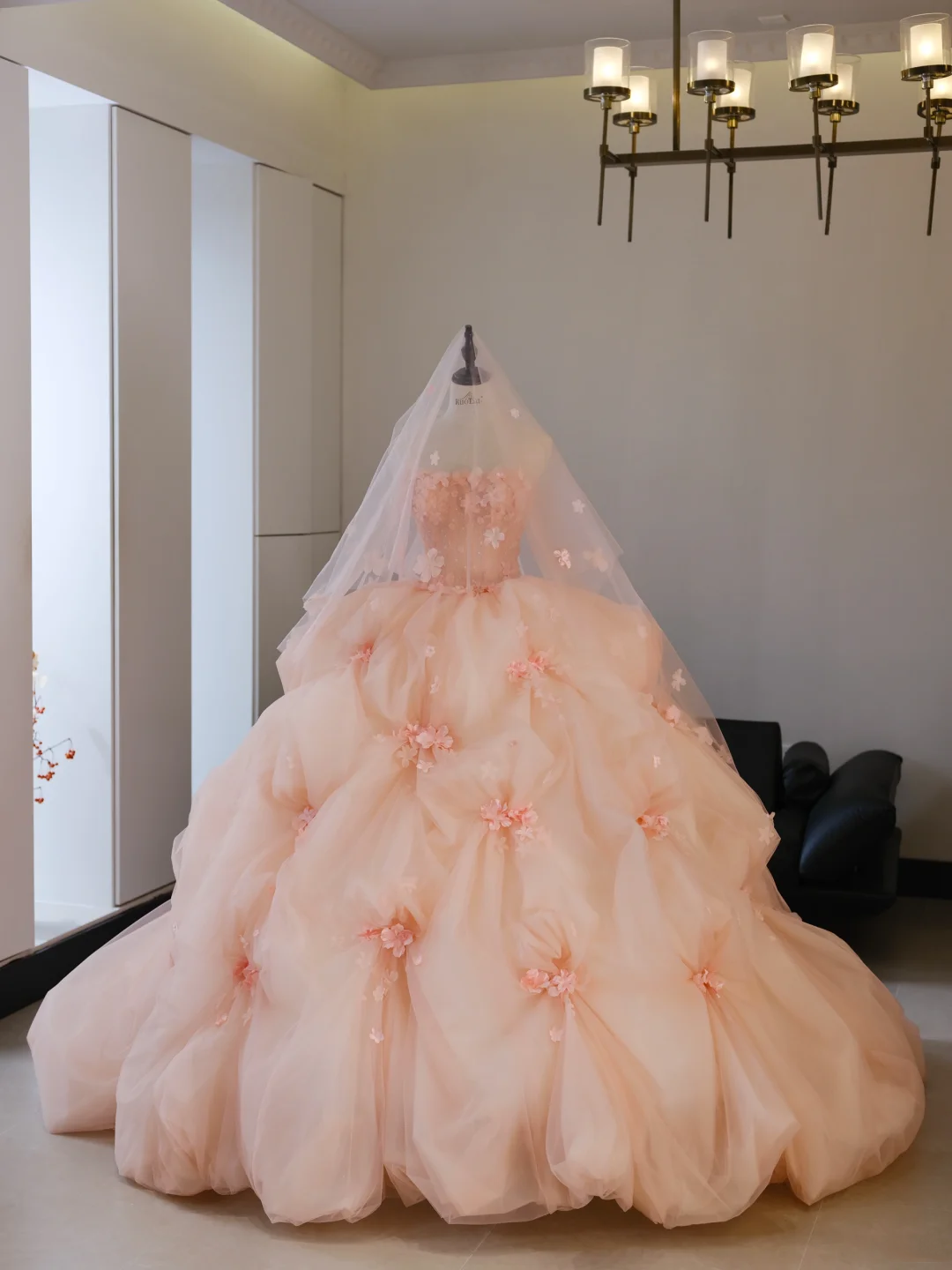 Fairy-tale Ball Gown Strapless Blush Pink Tulle Flowers Long Quinceanera Dress Sweet 15 16 Dresses RB2032