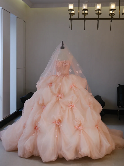 Fairy-tale Ball Gown Strapless Blush Pink Tulle Flowers Long Quinceanera Dress Sweet 15 16 Dresses RB2032
