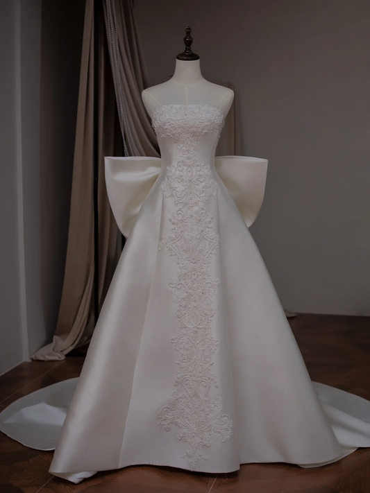 Princess Ball Gown Strapless Sleeveless With Bow Satin Fitted Corset Long Wedding Dress Bride Gowns White Wedding Dresses RB2033