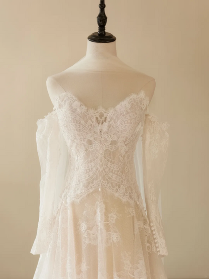 Princess Mermaid Off The Shoulder Long Sleeve Lace Fitted Corset Long Wedding Dress Bride Gowns White Wedding Dresses RB2036