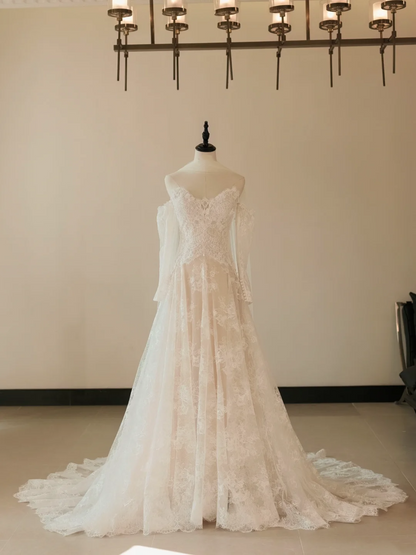 Princess Mermaid Off The Shoulder Long Sleeve Lace Fitted Corset Long Wedding Dress Bride Gowns White Wedding Dresses RB2036