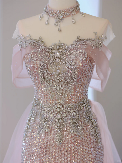 Unique Mermaid Off The Shoulder Pink With Silver Beads Prom Dresses Inspiration Long Party Dress Birthday Outfits Graduation Dress RB2038
