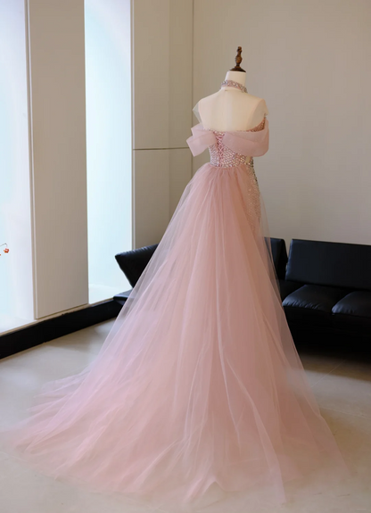Unique Mermaid Off The Shoulder Pink With Silver Beads Prom Dresses Inspiration Long Party Dress Birthday Outfits Graduation Dress RB2038