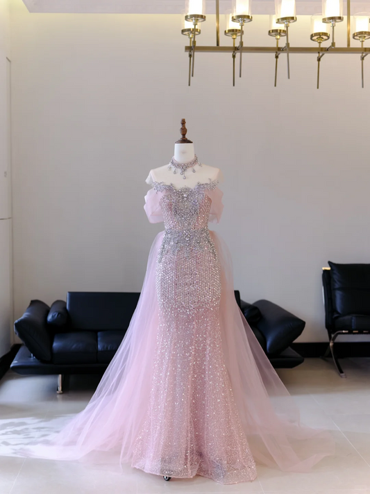 Unique Mermaid Off The Shoulder Pink With Silver Beads Prom Dresses Inspiration Long Party Dress Birthday Outfits Graduation Dress RB2038