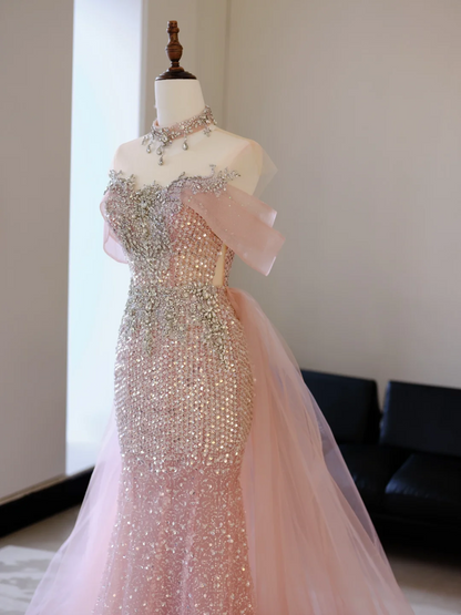 Unique Mermaid Off The Shoulder Pink With Silver Beads Prom Dresses Inspiration Long Party Dress Birthday Outfits Graduation Dress RB2038