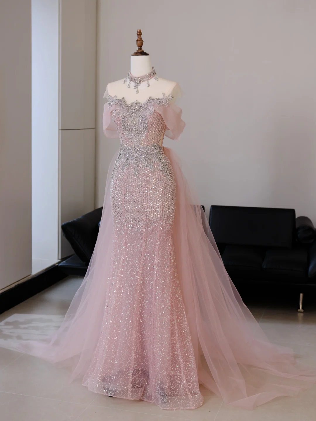 Unique Mermaid Off The Shoulder Pink With Silver Beads Prom Dresses Inspiration Long Party Dress Birthday Outfits Graduation Dress RB2038