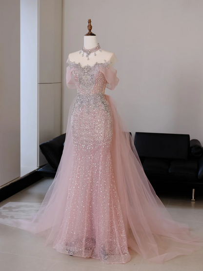 Unique Mermaid Off The Shoulder Pink With Silver Beads Prom Dresses Inspiration Long Party Dress Birthday Outfits Graduation Dress RB2038