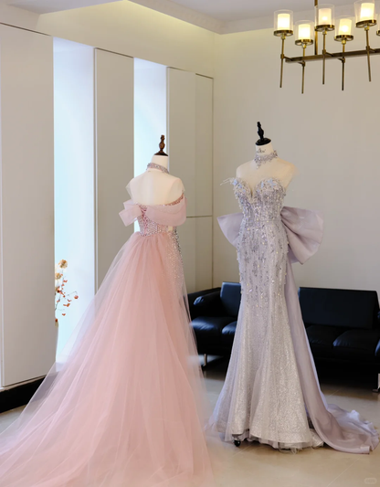 Unique Mermaid Off The Shoulder Pink With Silver Beads Prom Dresses Inspiration Long Party Dress Birthday Outfits Graduation Dress RB2038