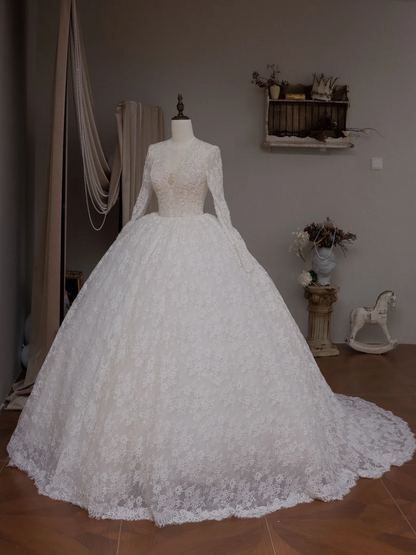 Simple Ball Gown V Neck Long Sleeve Lace Fitted Corset Long Wedding Dress Bride Gowns White Wedding Dresses RB2039
